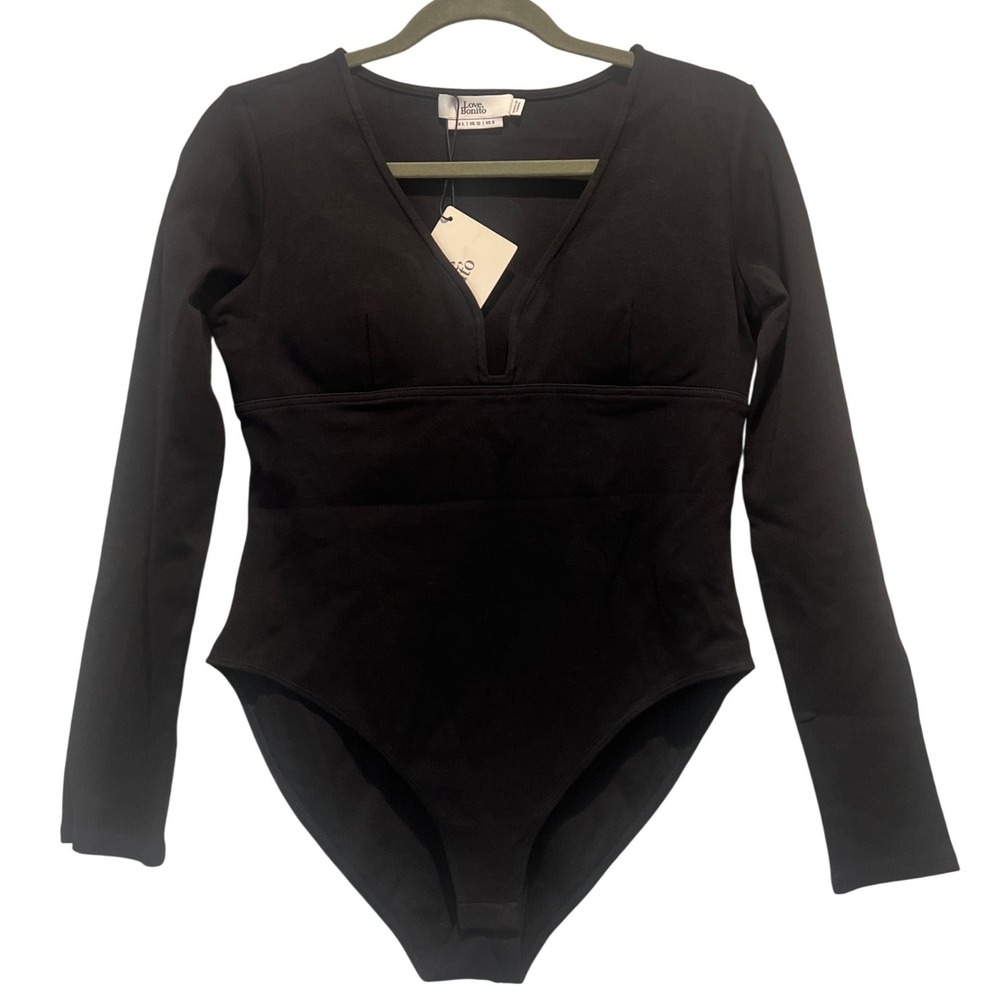 Love Bonito Bodysuit Black Long Sleeve Padded Bust V-Neck Cotton Blend New US 8